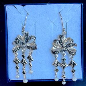 Elegant Silver Dangle Pearl & Marcasite Earrings